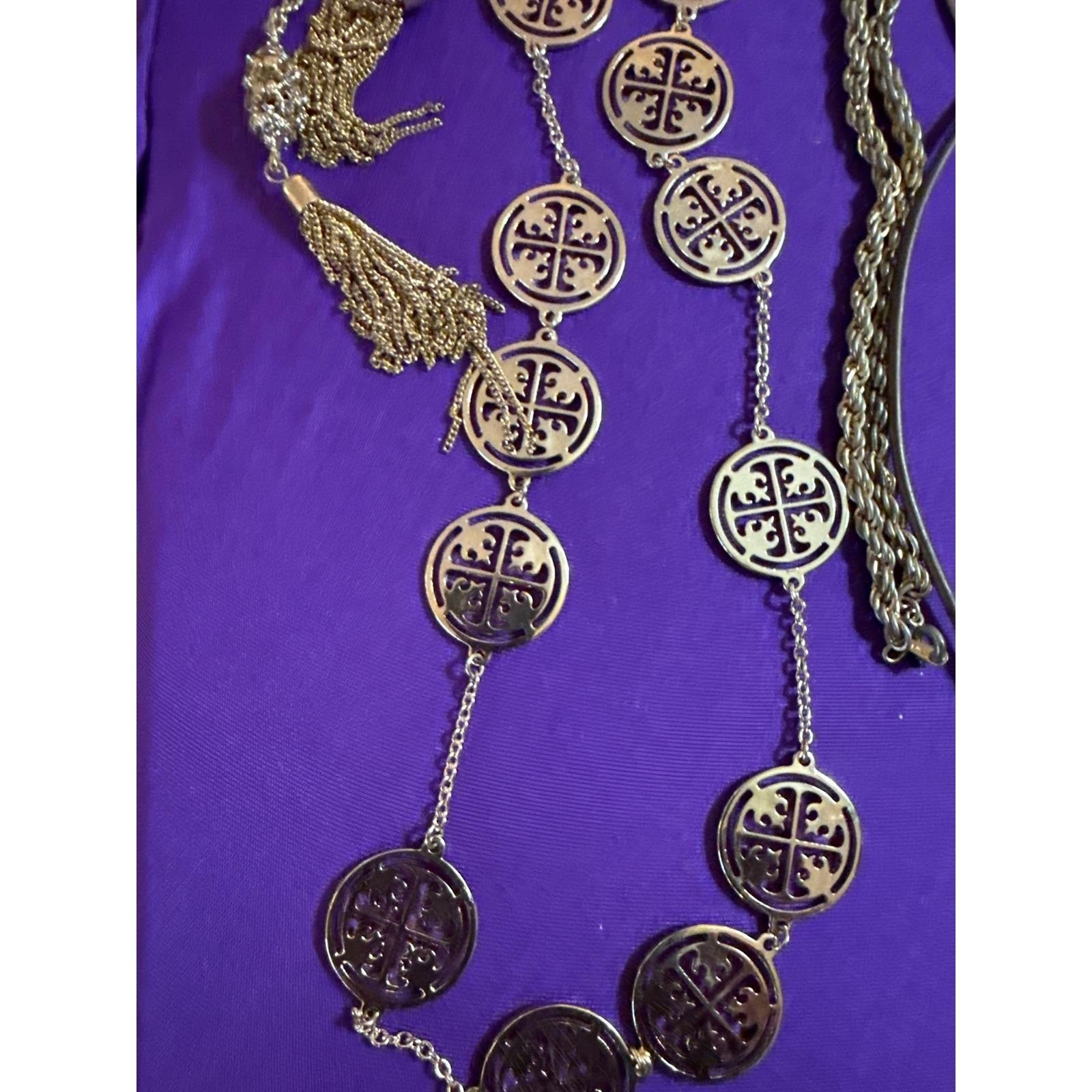 Long Gold Tone Necklace Geometric Medallion Tassel Accent
