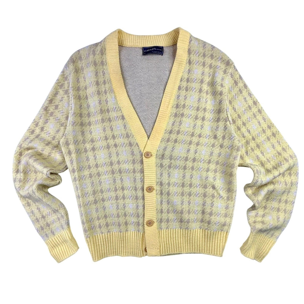 Vintage Gatsby USA Robert Bruce Yellow Argyle Knit Cardigan Sweater Mens Large