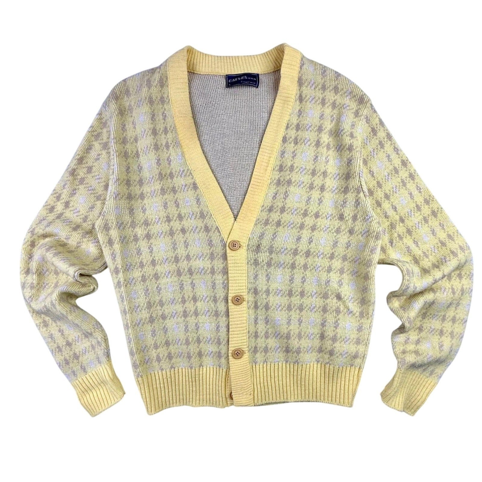 Vintage Gatsby USA Robert Bruce Yellow Argyle Knit Cardigan Sweater Mens Large