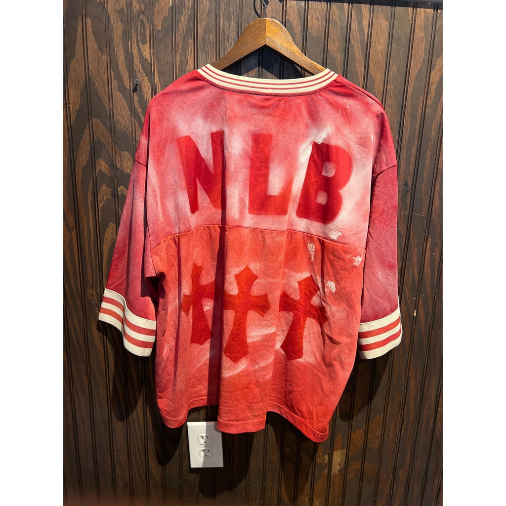 NB Red Distressed Football Jersey Cross Patches Acid Wash Streetwear XL