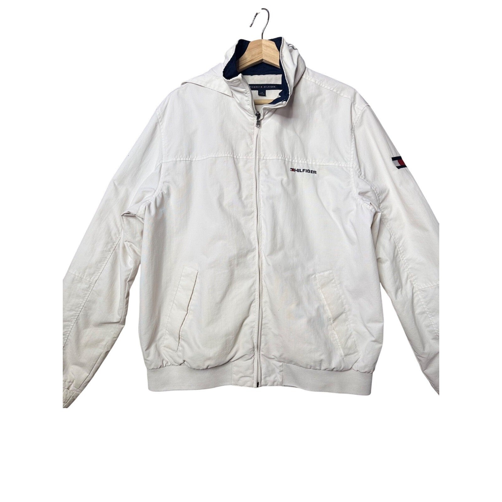 Tommy Hilfiger White Full Zip Jacket Men's L/G Hooded Windbreaker Vintage