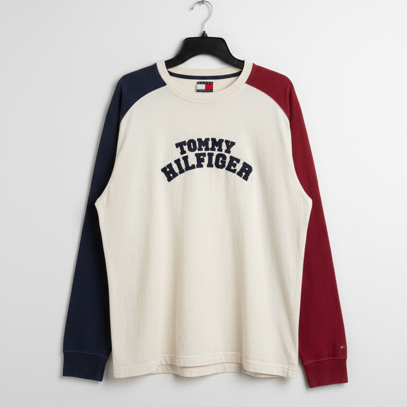 Vintage Tommy Hilfiger Colorblock Long Sleeve Shirt Mens XL Cream Navy Red 90s