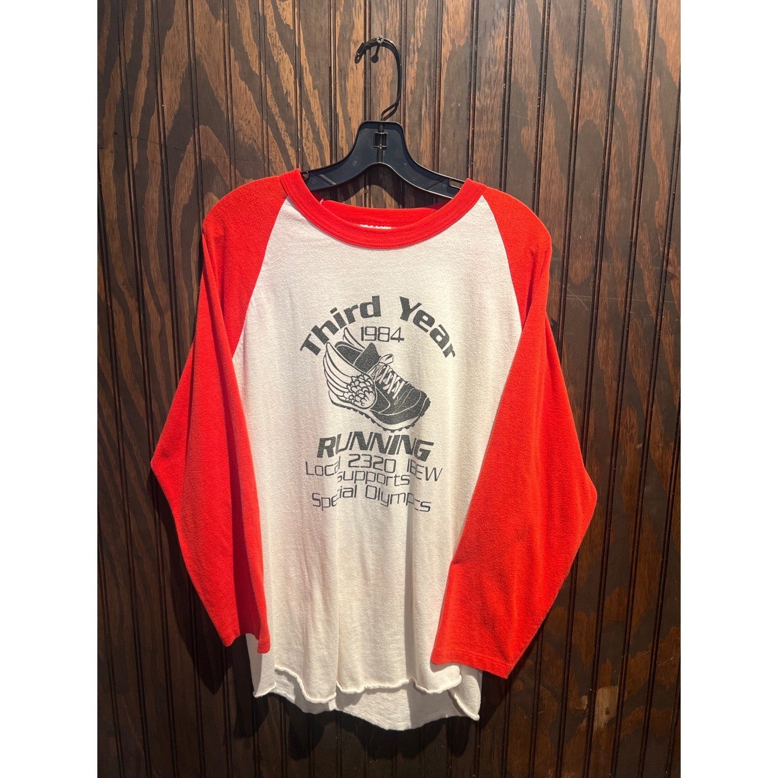 Vintage 1984 IBEW Special Olympics Running Raglan Shirt Red White 80s 27x19
