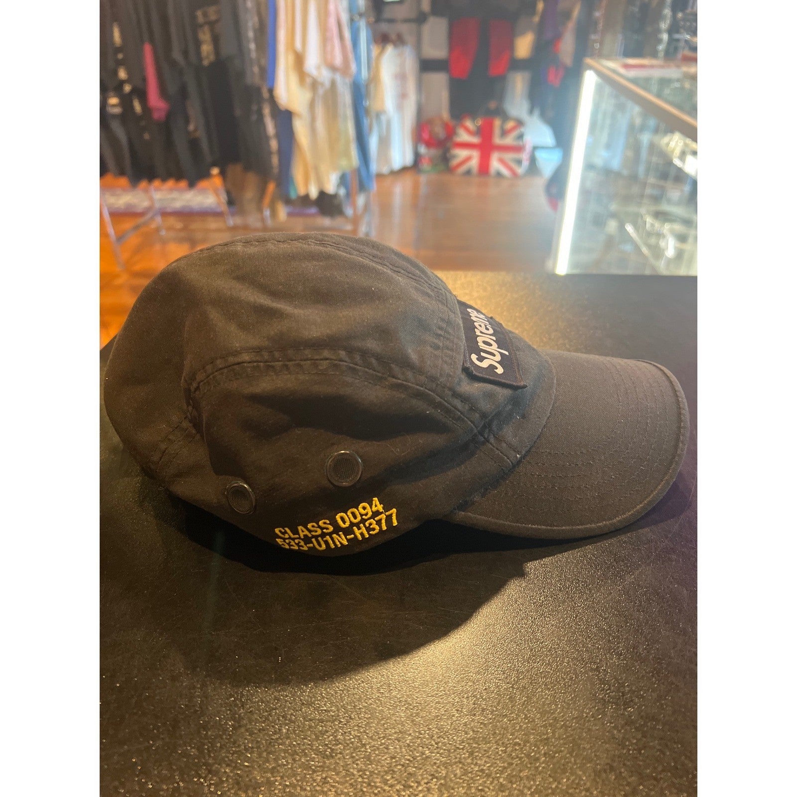 Supreme Black 5-Panel Camp Cap Box Logo Strapback Hat Yellow Side Embroidery