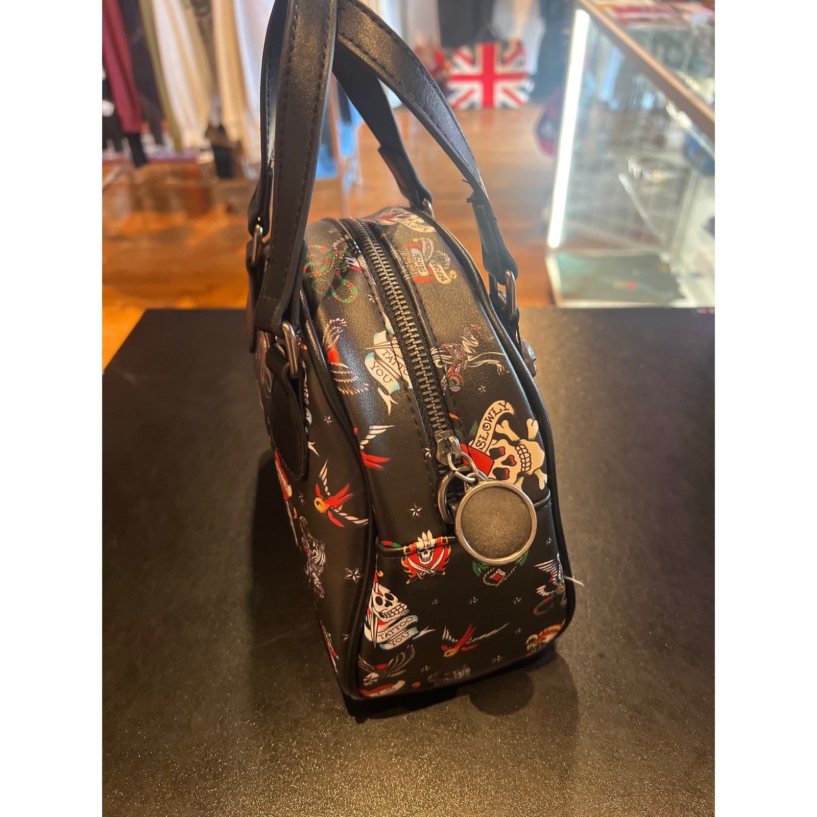 Ed Hardy Tattoo Flash Dome Satchel Bag Black Skull Hardware New NWT