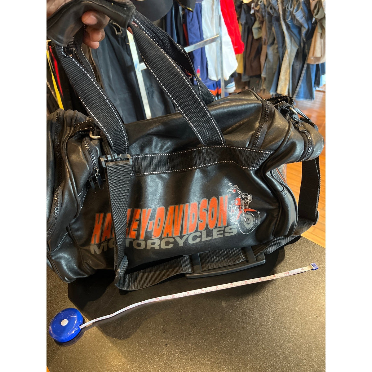 Harley Davidson Motorcycles Black Faux Leather Duffel Bag Graphic Biker Barrel