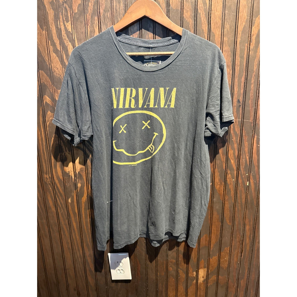 Nirvana Smiley Face Graphic T-Shirt Faded Black Band Tee Sleeve Regular Fit