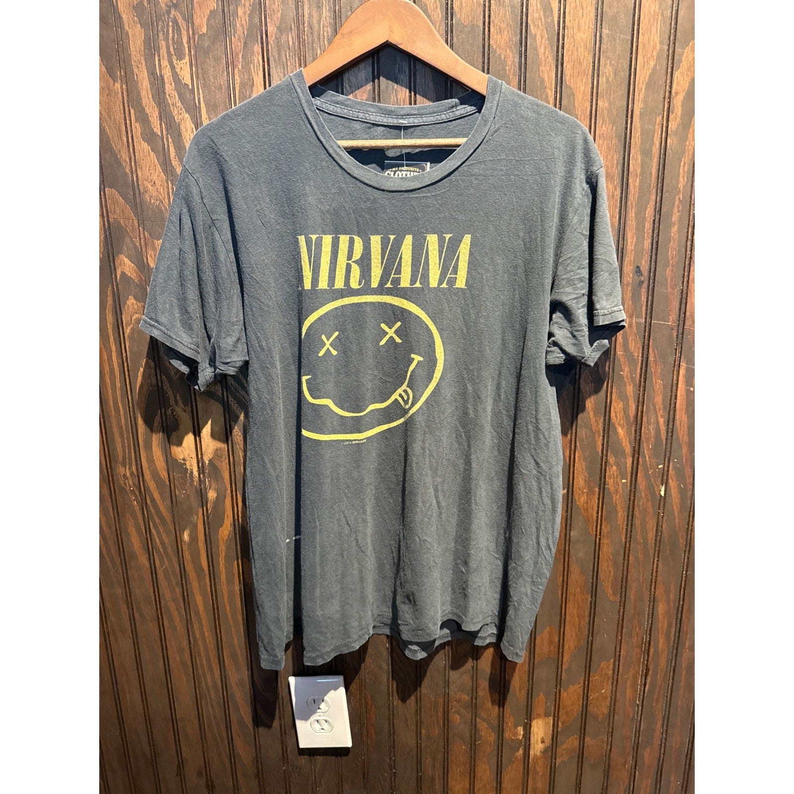 Nirvana Smiley Face Graphic T-Shirt Faded Black Band Tee Sleeve Regular Fit