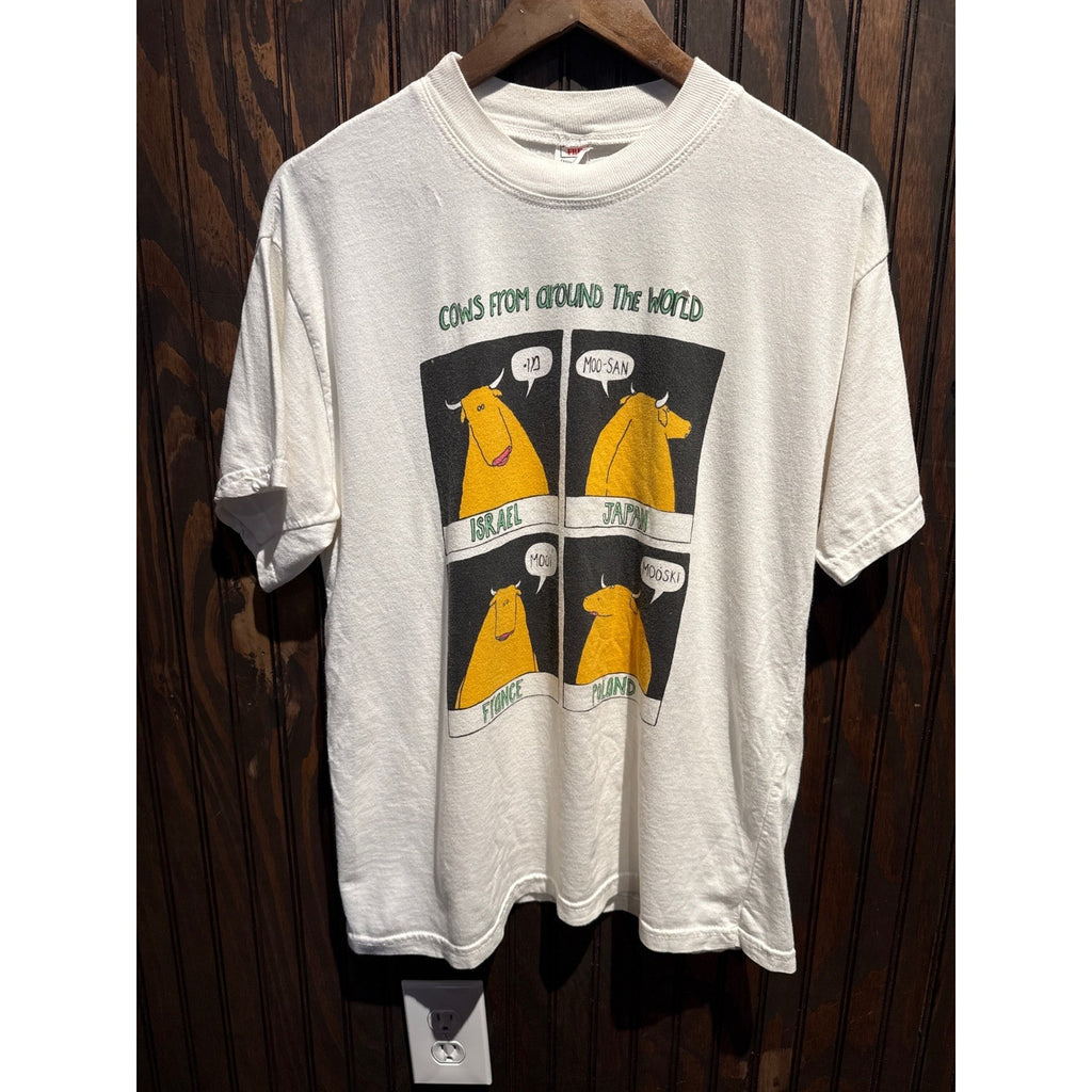 Vintage Hanes Cows From Around The World Graphic T-Shirt White Large 90s Humor