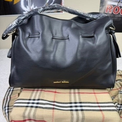 Badgley Mischka Black Faux Leather Shoulder Bag Hobo Purse Gold Hardware Tassel