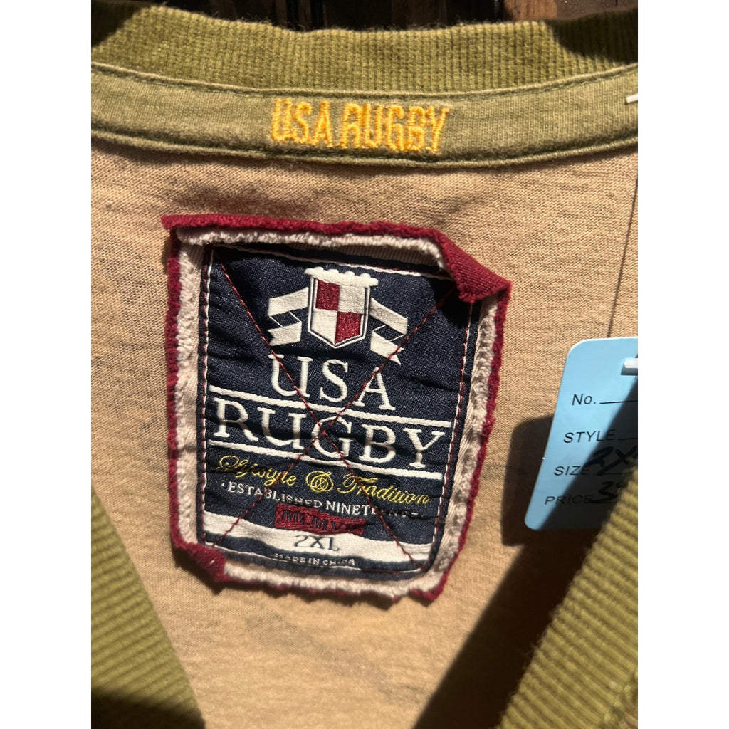 USA Rugby Intl League Camo V-Neck T-Shirt Mens Green Embroidered Patch XL 29x24