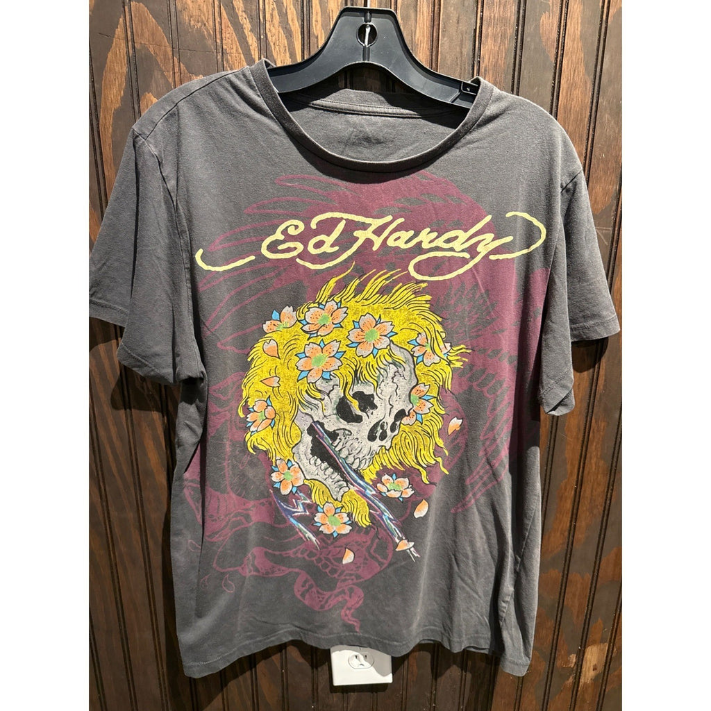Ed Hardy Christian Audigier Skull Flower Graphic Tee Charcoal Grey Mens L