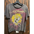 Ed Hardy Christian Audigier Skull Flower Graphic Tee Charcoal Grey Mens L