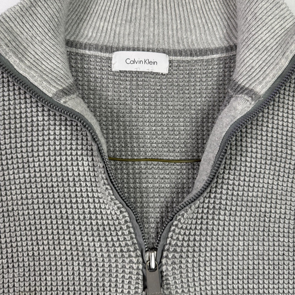Y2k Calvin Klein Mens Grey Textured Waffle Knit Quarter Zip Sweater Pullover XL