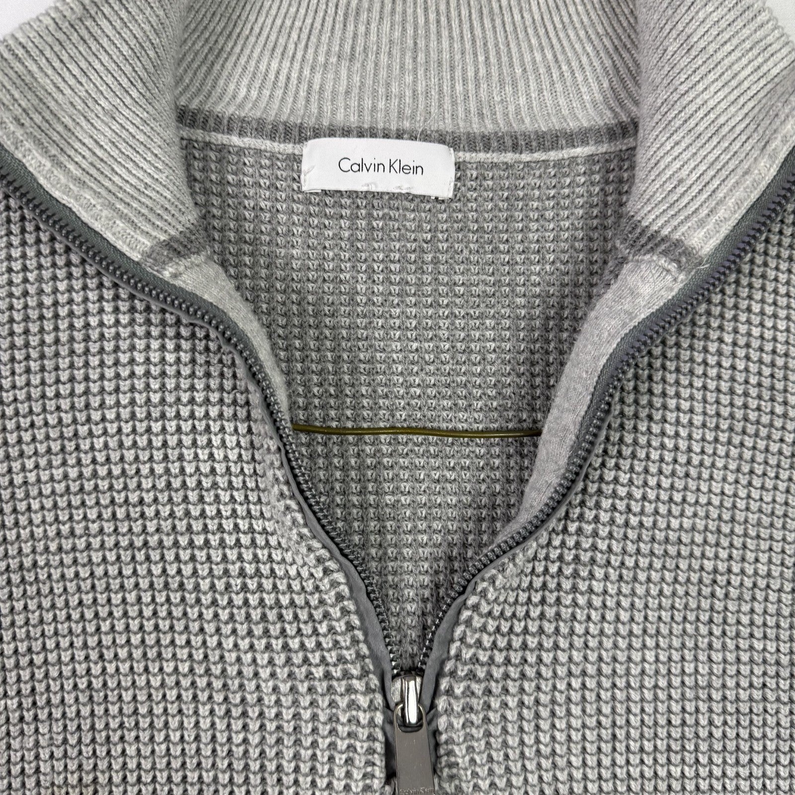 Y2k Calvin Klein Mens Grey Textured Waffle Knit Quarter Zip Sweater Pullover XL