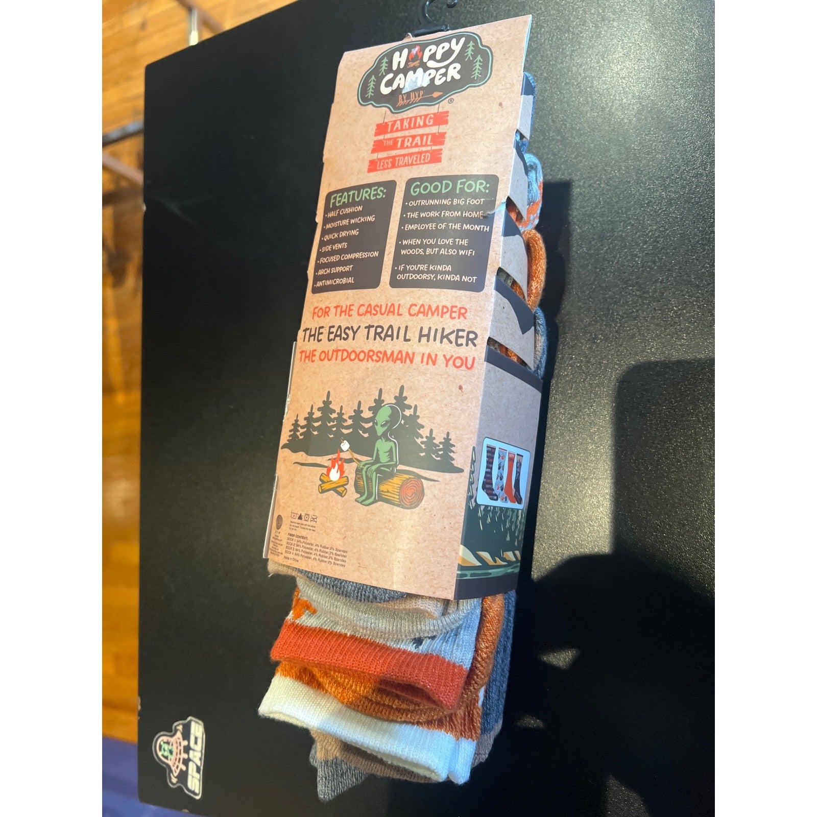 Happy Camper by MVP Mens Crew Socks 4 Pack Mountain Tree Graphic Orange Grey6-12