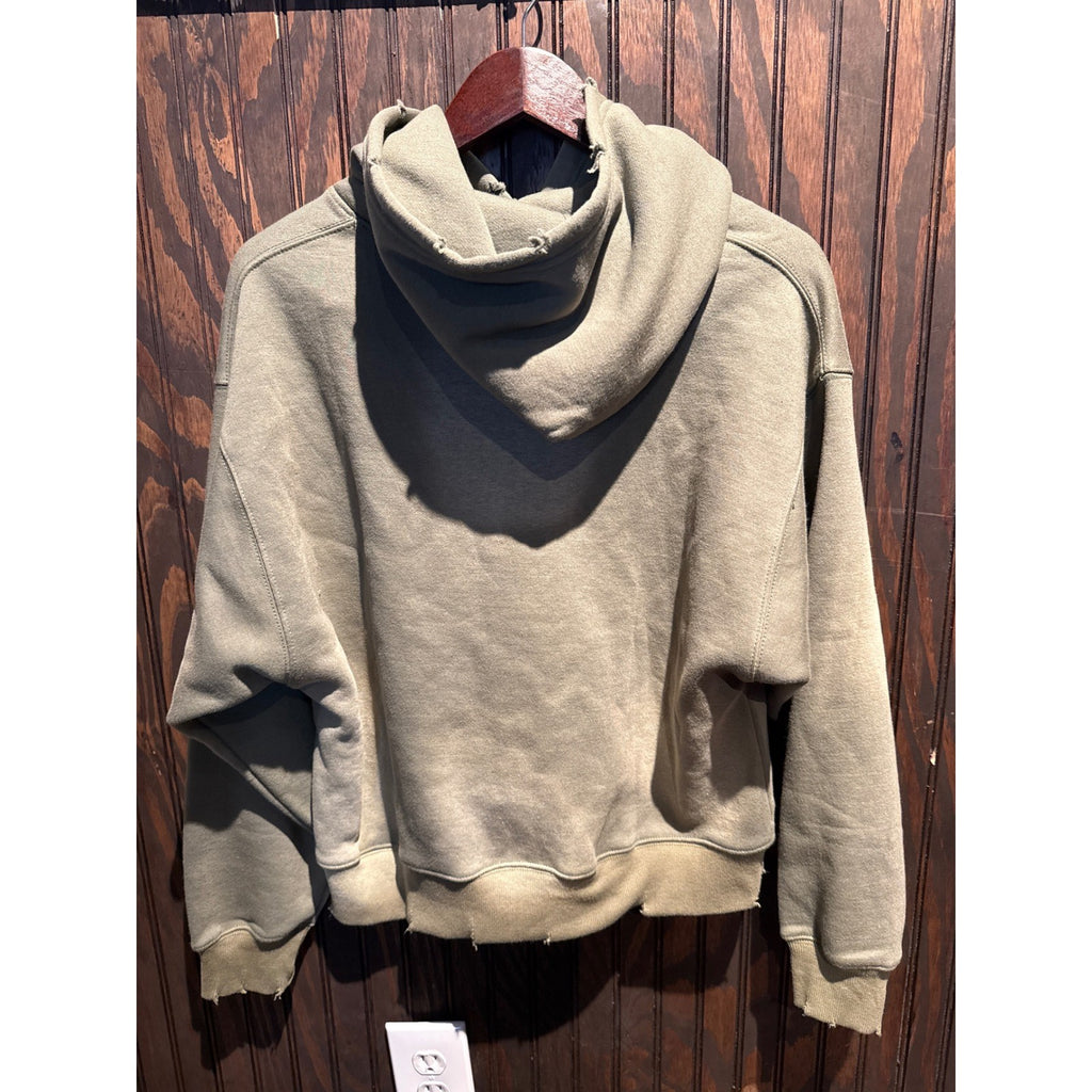 Note Barbed Wire Graphic Hoodie Olive Green Distressed Streetwear Pullover L