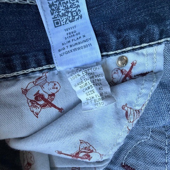 True Religion Mens Big T Burgundy Slim Flap N Straight Leg Jeans Blue Size 40
