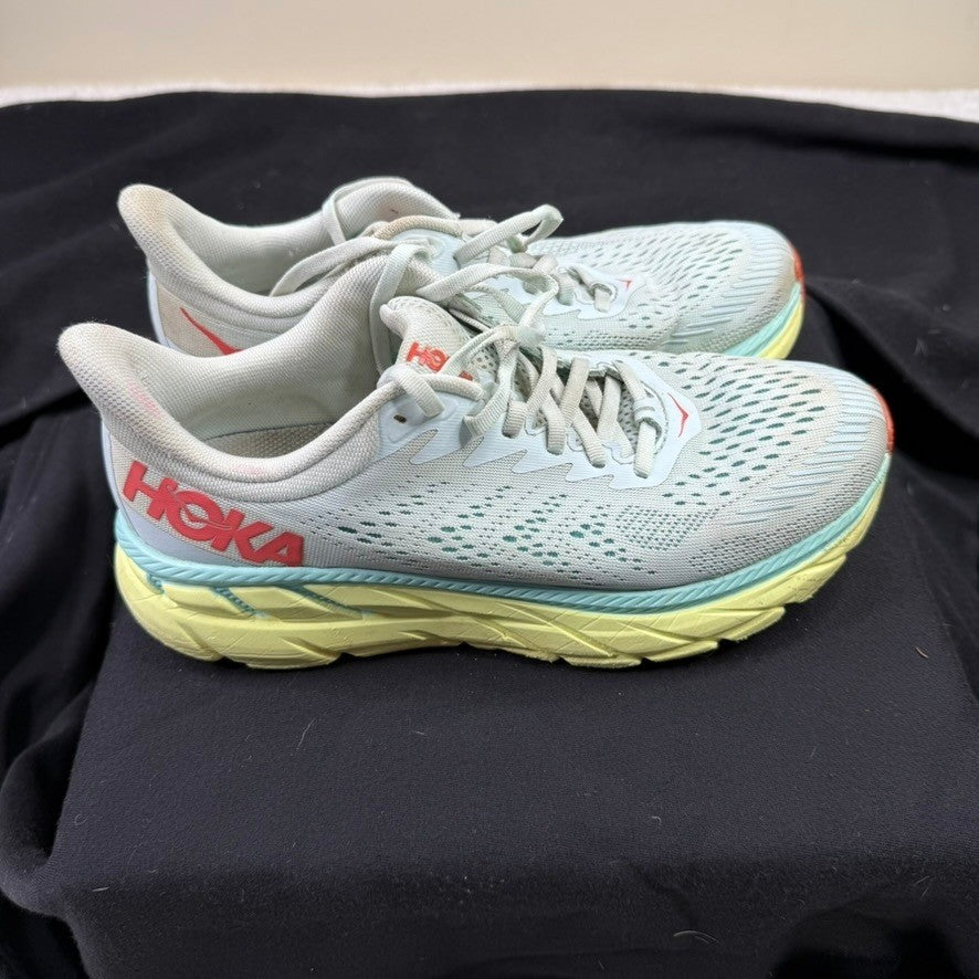 Hoka Clifton 7 Running Shoes Womens Size 8 Light Blue Yellow Red Comfort