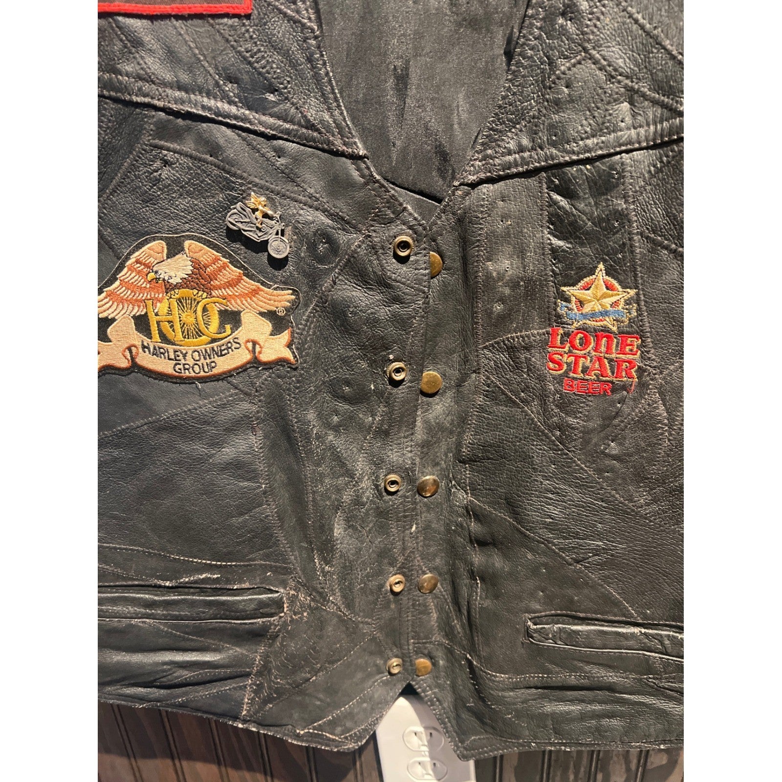 Vintage Harley Davidson Patched Leather Biker Vest Black Lone Star Beer HOG Mens