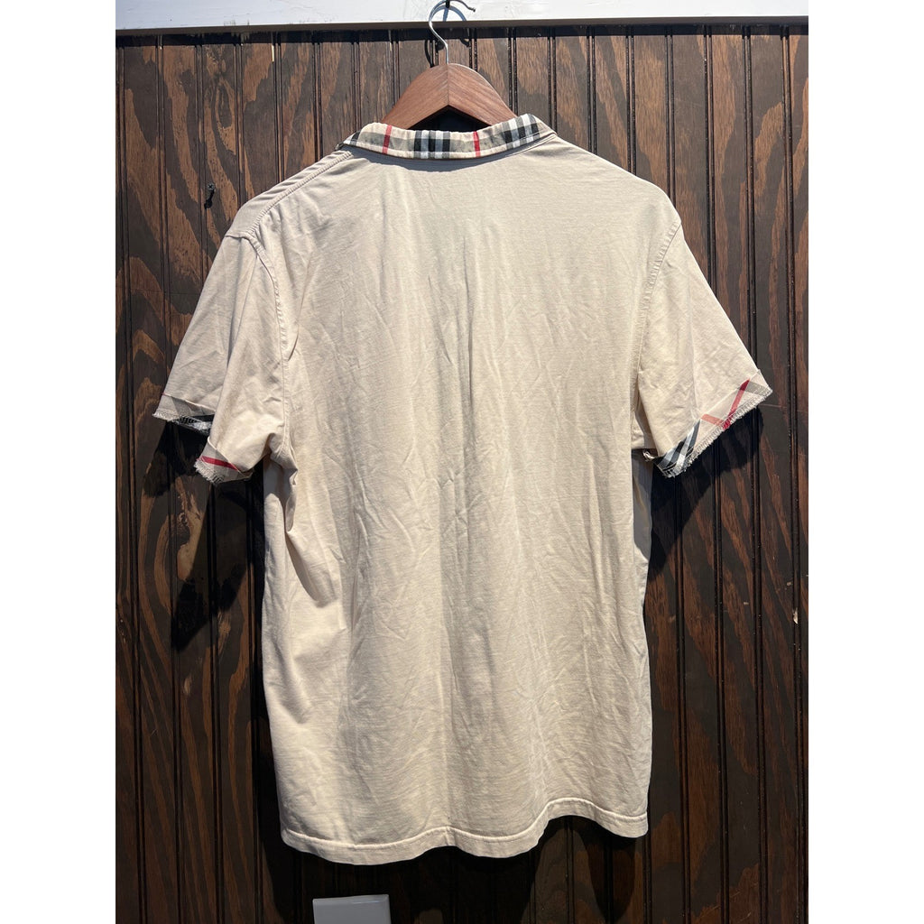 Burberry London Mens Polo Shirt Beige Nova Check Trim Equestrian Knight Logo L