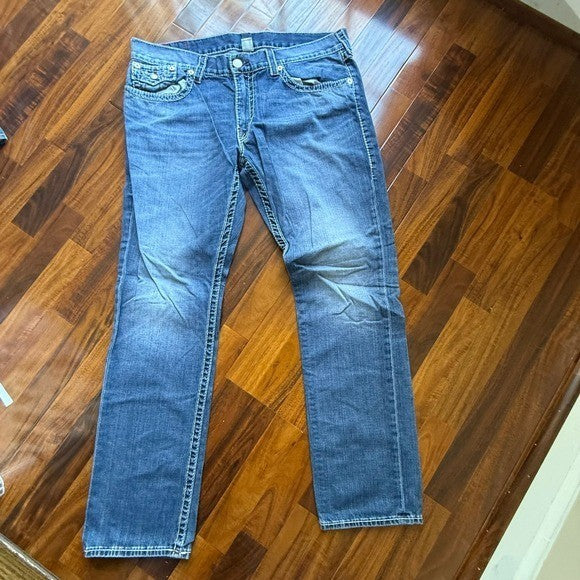 True Religion Mens Big T Burgundy Slim Flap N Straight Leg Jeans Blue Size 40