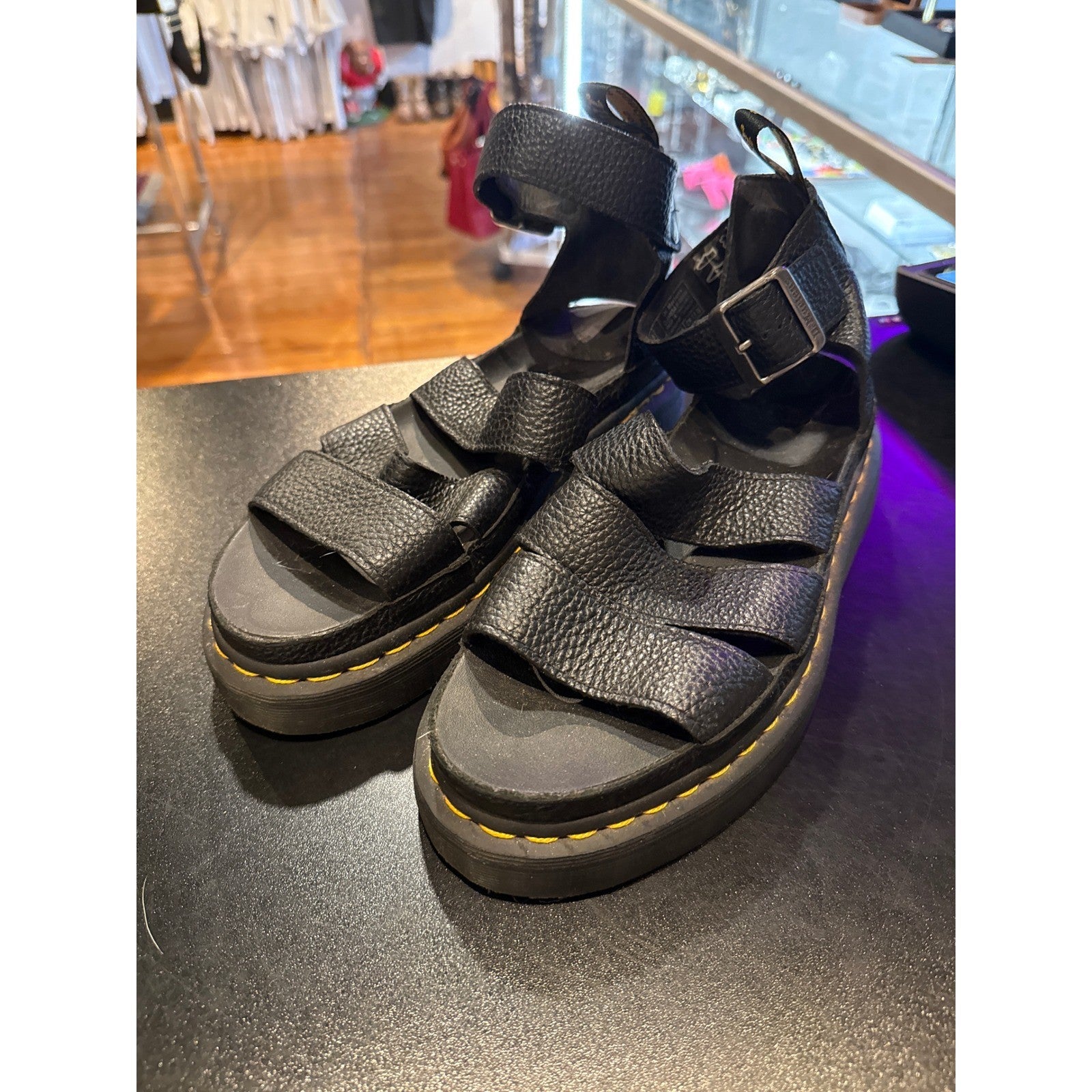 Dr. Martens Clarissa II Quad Black Pebbled Leather Platform Sandals Womens 8