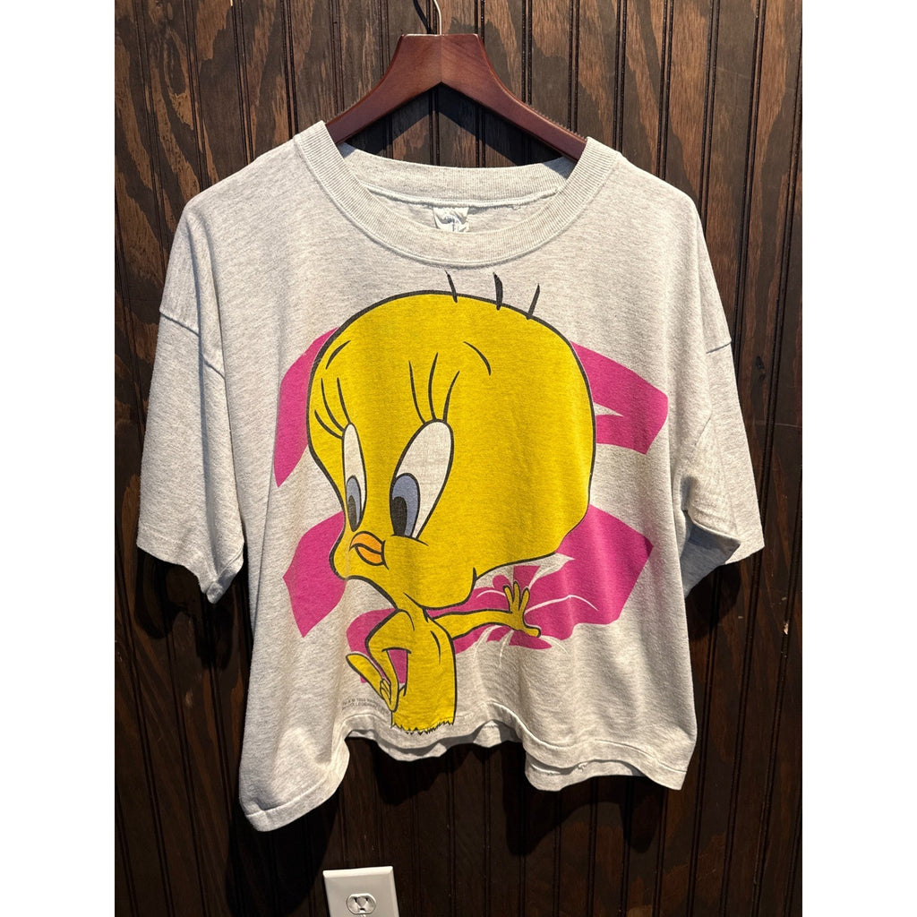 Vintage 90s Looney Tunes Tweety Bird Graphic T-Shirt Gray Boxy Cropped XL 26x24