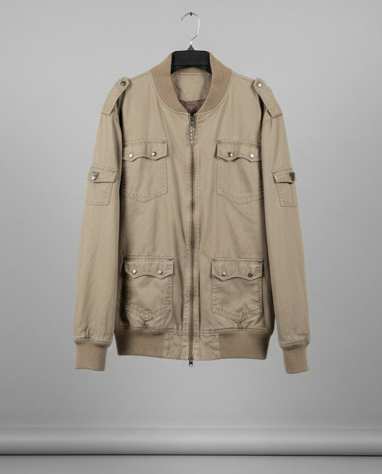 Mens Khaki Tan Military Bomber Jacket Utility Cargo Field Jacket XL 25x31