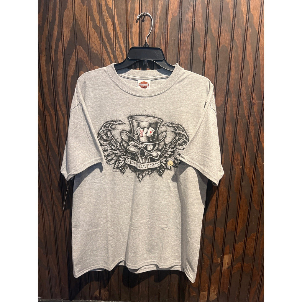 Vintage 2005 Harley Davidson Skull Top Hat Playing Cards Gray T-Shirt Large