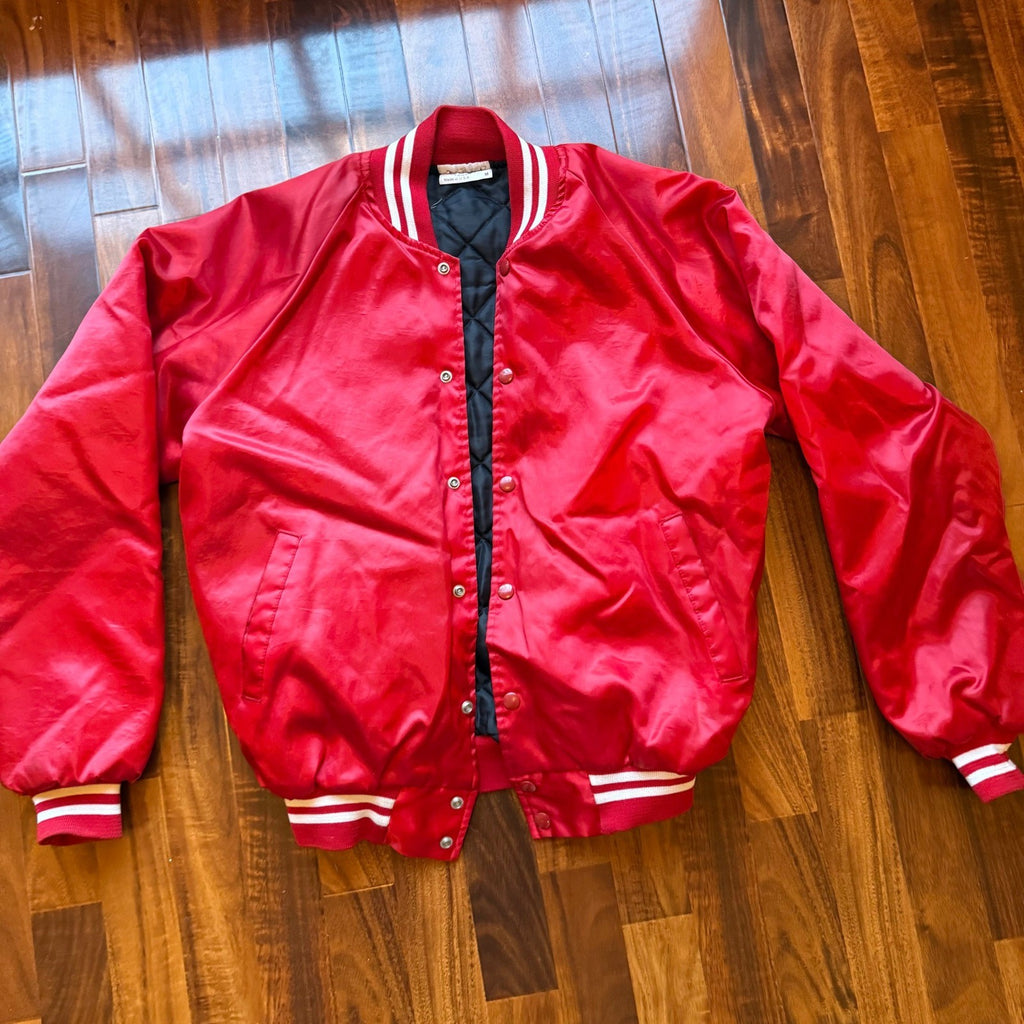 Vintage Red Satin Bomber Jacket Mens Medium Conway Communications Made in USA