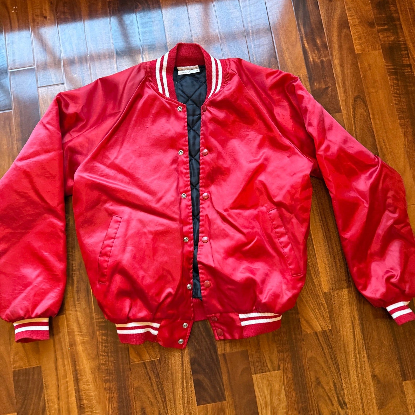 Vintage Red Satin Bomber Jacket Mens Medium Conway Communications Made in USA