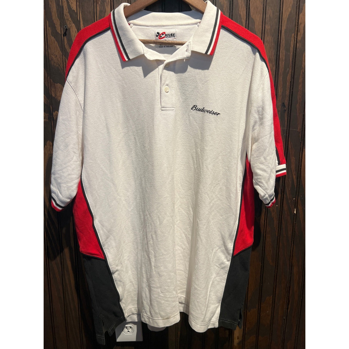 Chase Authentics Budweiser Racing Polo Shirt White Red Black Mens Medium
