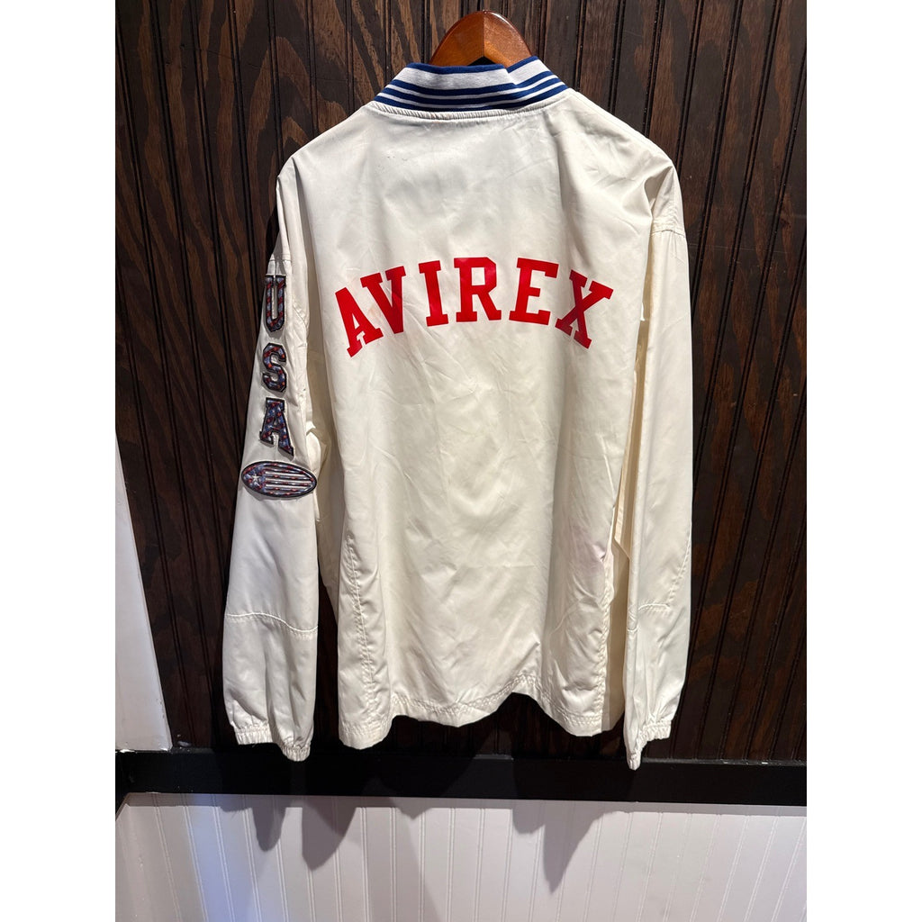 Avirex Vintage Mens XL Bomber Jacket Cream Blue Striped Windbreaker Full Zip 75
