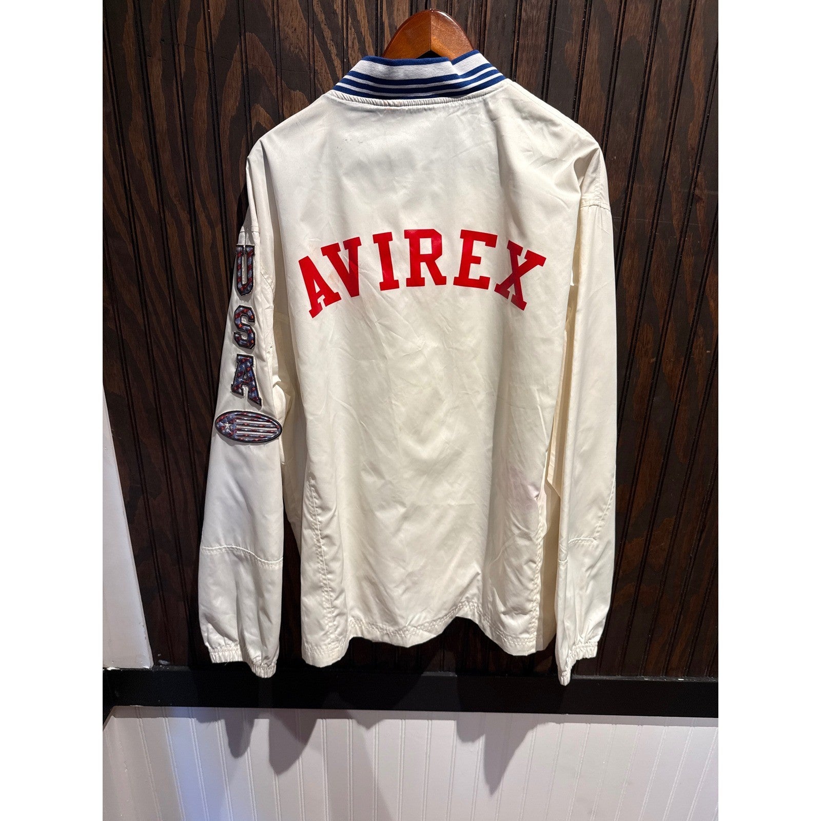 Avirex Vintage Mens XL Bomber Jacket Cream Blue Striped Windbreaker Full Zip 75
