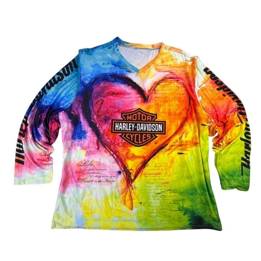 Harley-Davidson Women XL Tie Dye Heart Graphic V-Neck Long Sleeve Shirt Multi