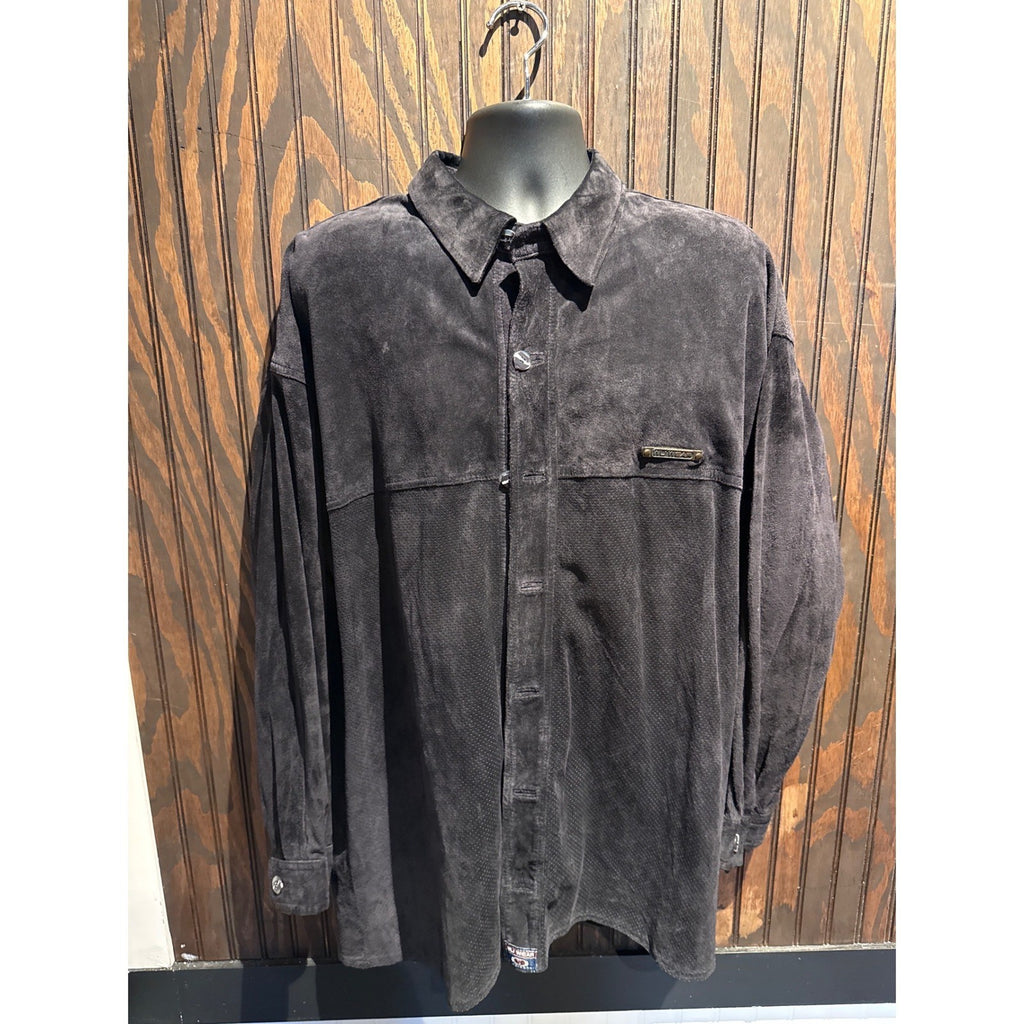 Wu Wear 90s Mens Black Suede Leather Button Down Shirt Jacket 26x33