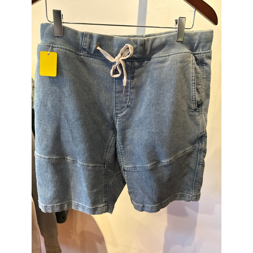 Mens Knit Denim Shorts Light Wash Elastic Waist Drawstring Blue Casual Jorts