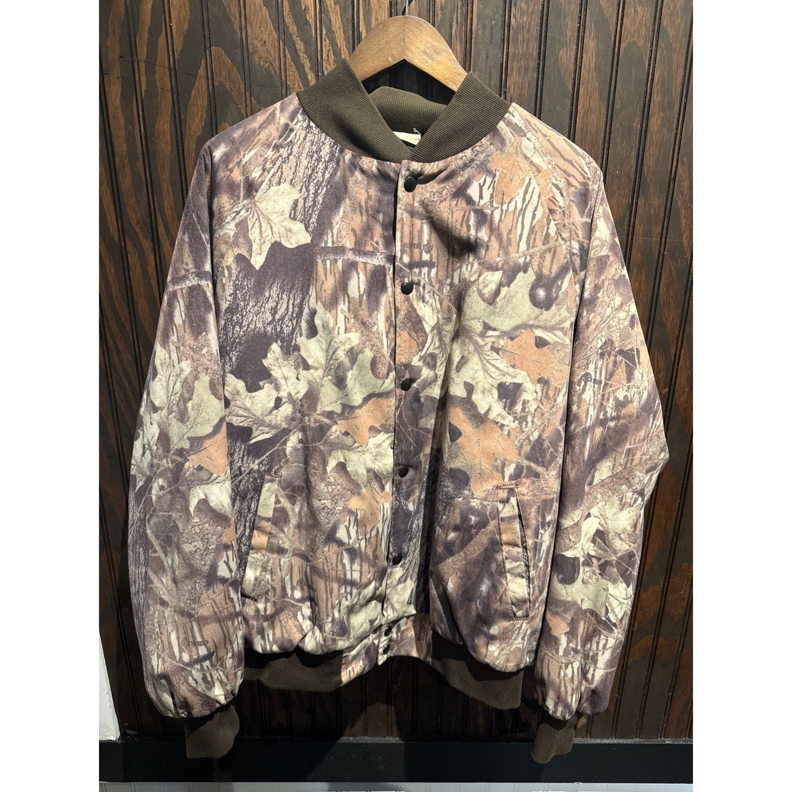 Vintage Camo Bomber Jacket Mens XL Real Tree Leaf Print Snap Front Hunting Coat