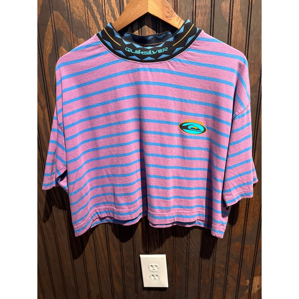 Vintage Quiksilver Striped Crop Top Mock Neck 90s Surf Purple Blue Boxy Tee