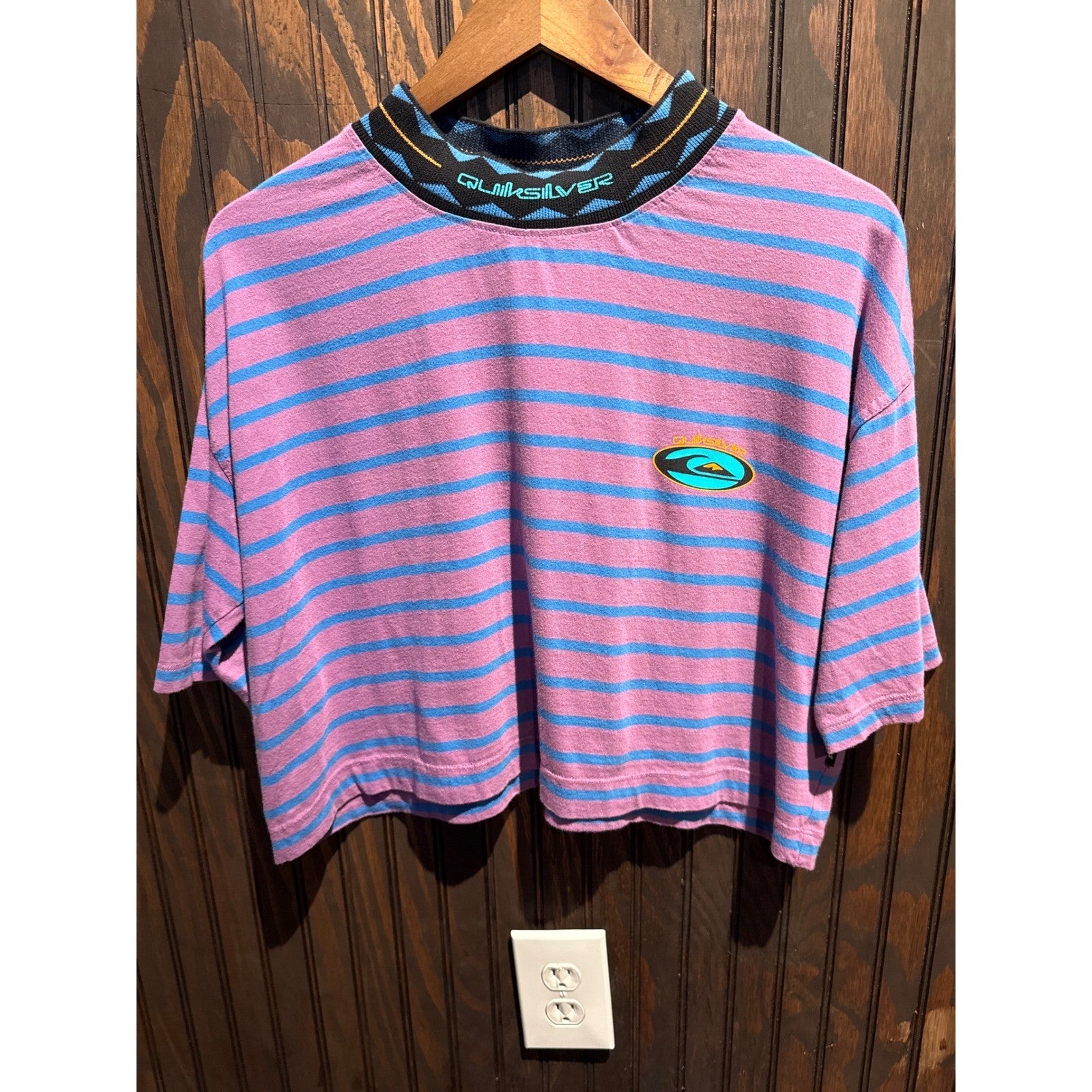 Vintage Quiksilver Striped Crop Top Mock Neck 90s Surf Purple Blue Boxy Tee