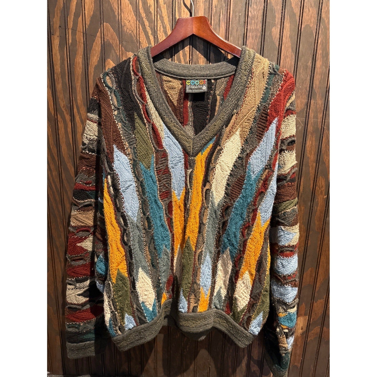 Vintage Coogi Australia 3D Knit Wool V-Neck Sweater Multicolor Mens XL 26x29