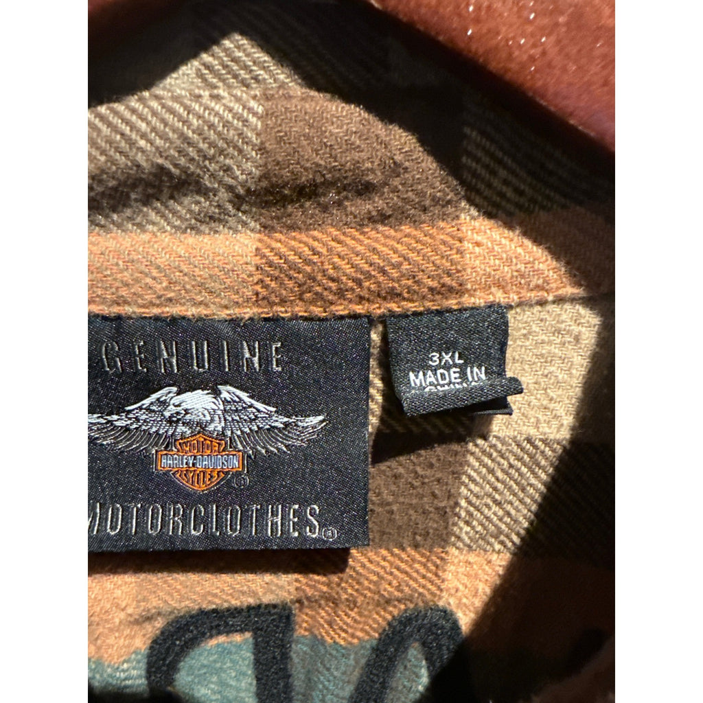 Harley Davidson Mens Flannel Shirt 3XL Brown Tan Plaid Long Sleeve Button Down
