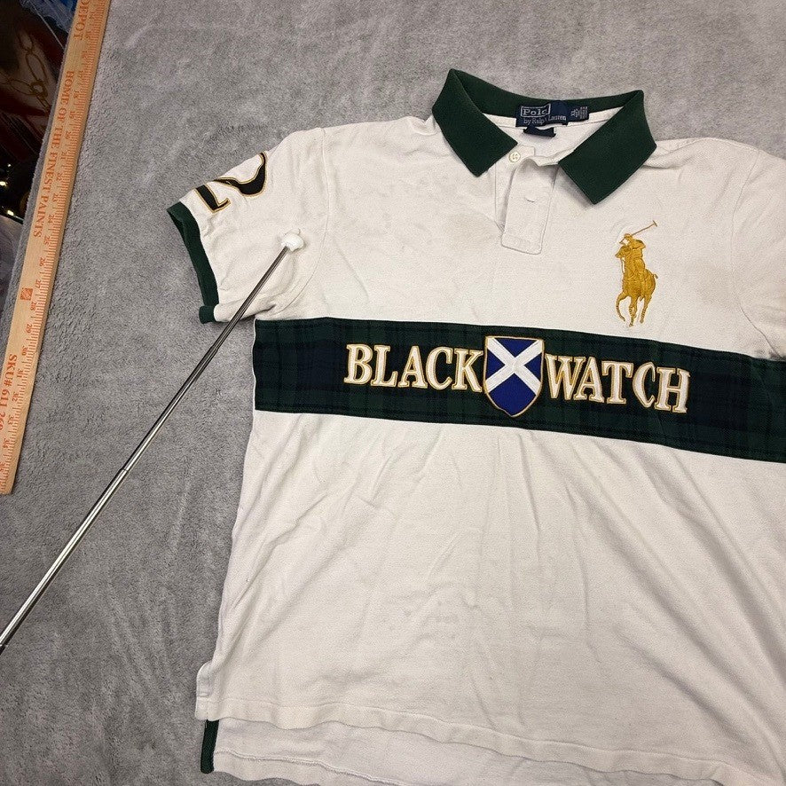 Polo Ralph Lauren Men's White Black Watch Rugby Polo Shirt Custom Fit XL