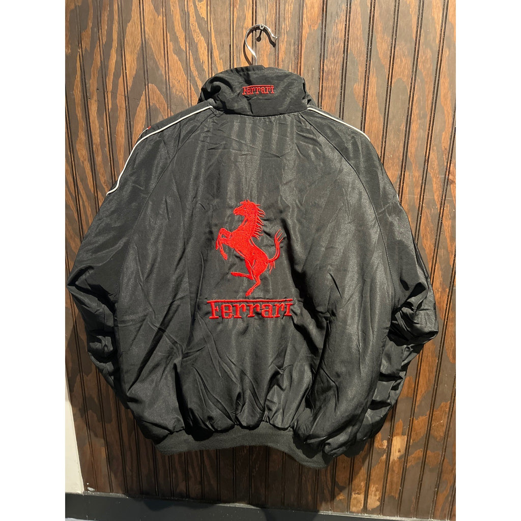Vintage Ferrari F1 Racing Jacket Black Red Embroidered Sponsor Patches Mens L