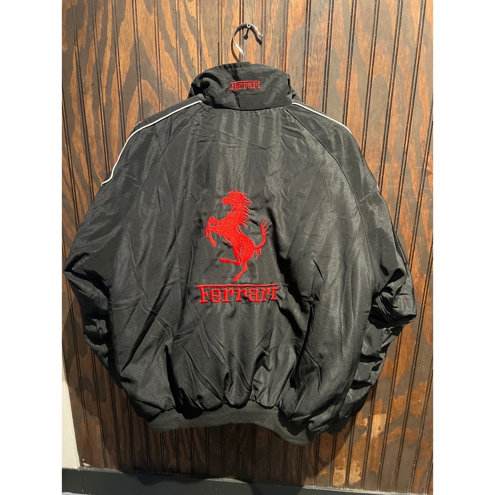 Vintage Ferrari F1 Racing Jacket Black Red Embroidered Sponsor Patches Mens L