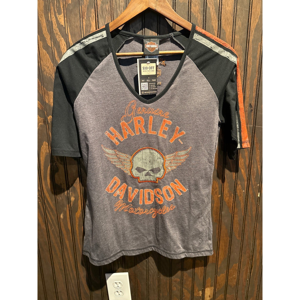 Harley Davidson Womens V-Neck Graphic Tee Winged Skull Grey Black Orange Large