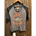 Harley Davidson Womens V-Neck Graphic Tee Winged Skull Grey Black Orange Large