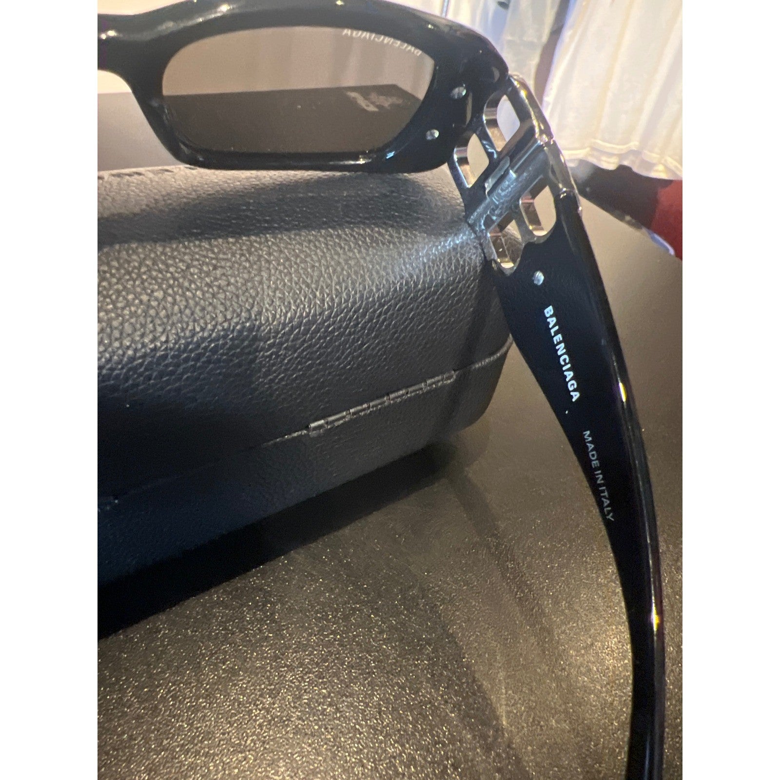 Balenciaga BB0096S Crystal Embellished Rectangular Sunglasses Blk Silver BB Logo