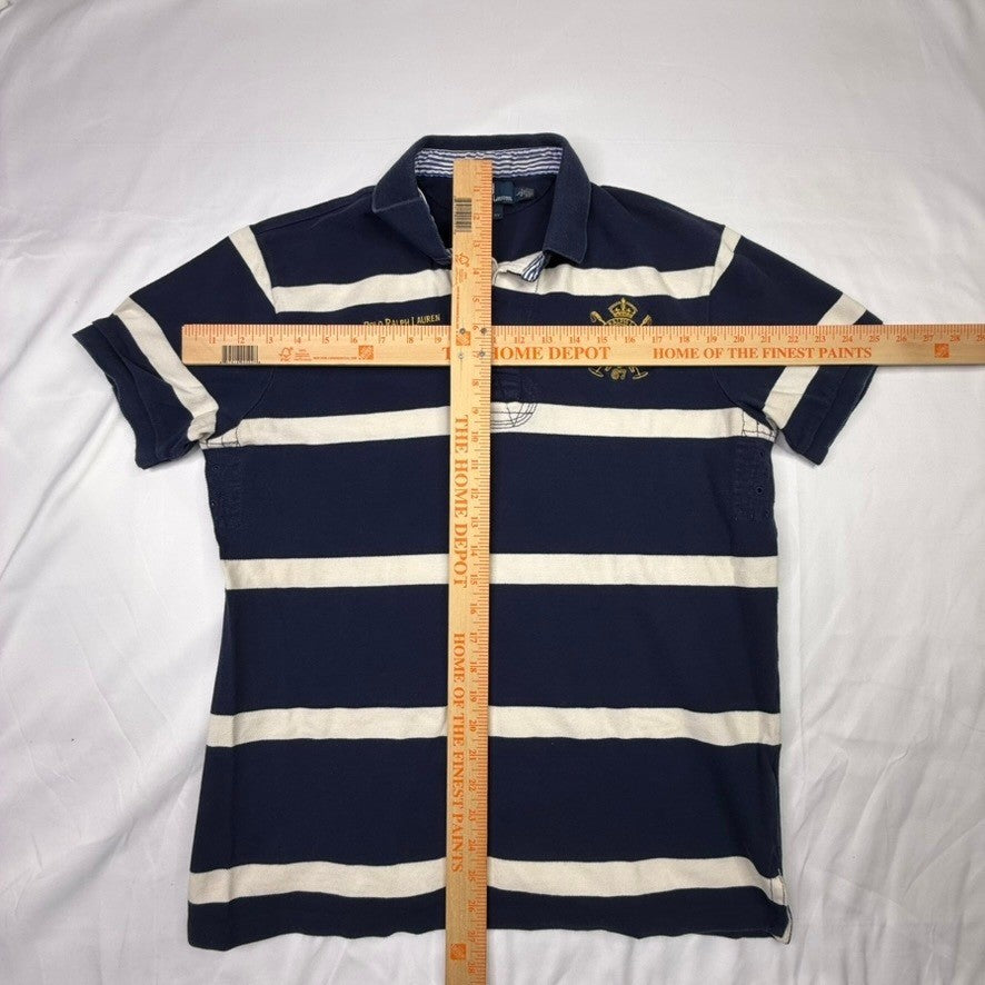 Polo Ralph Lauren Rugby Shirt Mens Navy Cream Stripe Crest Logo Custom Fit L